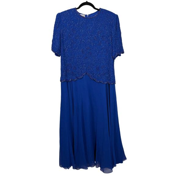 Vintage Brilliante by J.A. Beaded Dress Royal Blue Chiffon & Sequins 1X - Picture 1 of 6